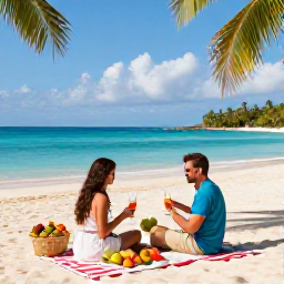 Caribbean Holidays, Luxury Holidays, A couple enjoying a private beach picnic in Jamaica, with tropical fruit, sparkling drinks, turquoise water and palm trees