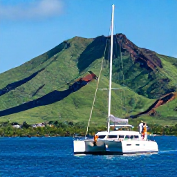 Caribbean Holidays, Luxury Holidays, A couple sailing along the dramatic Martinique coastline, with green volcanic hills, bright blue sea and a catamaran in the foreground