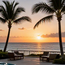 Caribbean Holidays, Luxury Holidays, A Jamaican sunset over the sea viewed from a luxury hotel terrace, with palm silhouettes, soft golden light and elegant seating