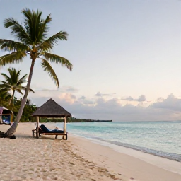 Caribbean Holidays, Luxury Holidays, A luxurious Jamaican beach at dawn with calm turquoise water, white sand, palm trees and a quiet private cabana