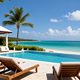 Caribbean Holidays, Luxury Holidays, A private luxury villa overlooking the turquoise Caribbean Sea in Jamaica, with a swimming pool, palm trees and comfortable sun loungers