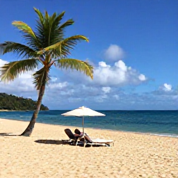 Caribbean Holidays, Luxury Holidays, A quiet golden beach on Nevis with palm trees, calm blue sea and a couple relaxing under a beach umbrella