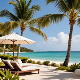 Caribbean Holidays, Luxury Holidays, A stylish luxury beachfront hotel on the Martinique coast, with palm trees, turquoise sea and elegant outdoor loungers
