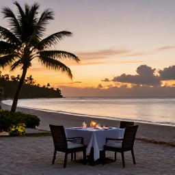 Caribbean Holidays, Luxury Holidays, A tranquil sunset over a Martinique beach, with an elegant outdoor dining table, soft lights and palm silhouettes