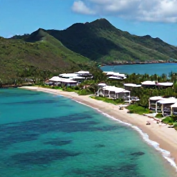 Caribbean Holidays, Luxury Holidays, Aerial view of a luxury Caribbean resort on Saint Kitts with a sweeping sandy beach, turquoise sea and green volcanic hills