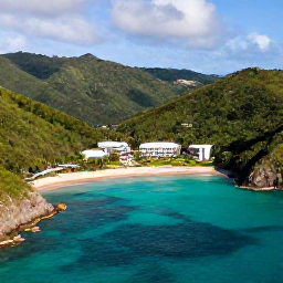 Caribbean Holidays, Luxury Holidays, Aerial view of a luxury Caribbean resort on Saint Vincent with turquoise sea, green hills and a quiet sandy beach