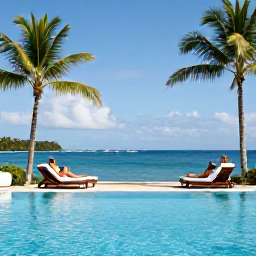 Caribbean Holidays, Luxury Holidays, An elegant infinity pool overlooking a tropical Martinique bay, with a couple relaxing on sun loungers beneath palms