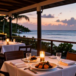 Caribbean Holidays, Luxury Holidays, An elegant Jamaican resort restaurant serving fresh seafood at sunset, with ocean views, candlelight and relaxed outdoor seating