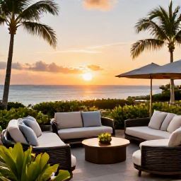 Caribbean Holidays, Luxury Holidays, An elegant luxury hotel terrace overlooking the Caribbean Sea at sunset, with comfortable seating and tropical gardens