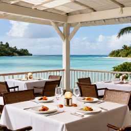 Caribbean Holidays, Luxury Holidays, An elegant open-air restaurant in Saint Kitts serving a beautifully presented Caribbean dinner beside the sea