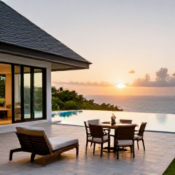 Caribbean Holidays, Luxury Holidays, An elegant private villa terrace with an infinity pool, outdoor dining and panoramic Caribbean views at sunset