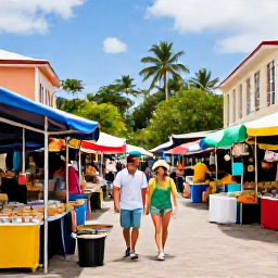 Caribbean Holidays, Luxury Holidays August, Couple exploring a Caribbean island in August, walking through a colourful market near historic buildings and tropical vegetation