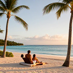 Caribbean Holidays, Luxury Holidays August, Elegant beachfront resort in the Caribbean at golden hour, with calm turquoise sea, palm trees and a couple enjoying a quiet luxury escape