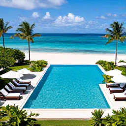 Caribbean Holidays, Luxury Holidays August, Luxury Caribbean hotel pool overlooking a tropical beach, with sun loungers, lush gardens and clear blue water