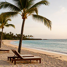 Caribbean Holidays, Luxury Holidays August, Quiet Caribbean beach in August with palm trees, gentle waves, a luxury sun lounger and warm evening light