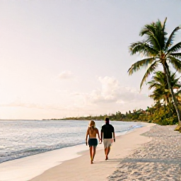 Caribbean Holidays, Luxury Holidays Bahamas, Couple walking along a quiet white sand beach in the Bahamas during golden hour, with calm sea and palm trees
