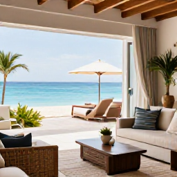 Caribbean Holidays, Luxury Holidays Bahamas, Elegant beachfront suite in the Bahamas with a private terrace, soft furnishings and views across calm turquoise sea