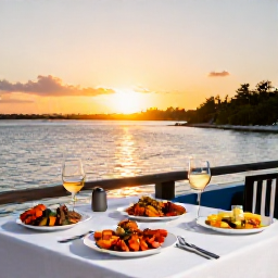 Caribbean Holidays, Luxury Holidays Bahamas, Fine dining table on a Bahamas waterfront terrace at sunset, featuring fresh seafood and elegant island-inspired dishes