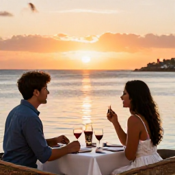 Caribbean Holidays, Luxury Holidays, Couple dining at a stylish waterfront restaurant in Grand Case, Saint Martin, with sunset sea views