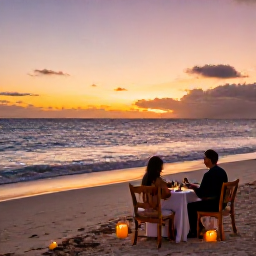 Caribbean Holidays, Luxury Holidays, Couple enjoying a sunset dinner on a quiet Dominican Republic beach with candles and gentle waves