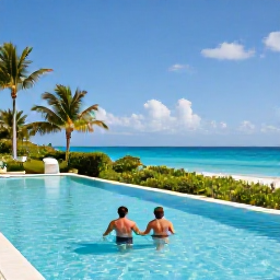 Caribbean Holidays, Luxury Holidays, Couple relaxing beside an infinity pool at a luxury resort in Turks and Caicos, with tropical gardens and the Caribbean Sea beyond