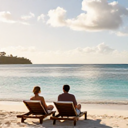 Caribbean Holidays, Luxury Holidays, Couple relaxing on a quiet Caribbean beach in Tobago, clear water, soft sand, beach loungers and gentle afternoon light