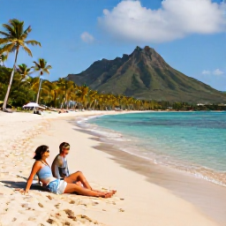 Caribbean Holidays, Luxury Holidays, Couple relaxing on a quiet golden beach in Saint Kitts, with palm trees, clear water and a volcanic mountain in the background