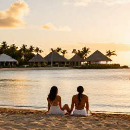 Caribbean Holidays, Luxury Holidays, Couple relaxing on a quiet Saint Lucia beach at sunset with calm sea and luxury resort in the background