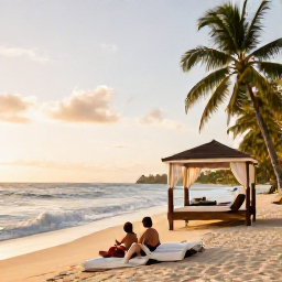 Caribbean Holidays, Luxury Holidays, Couple relaxing on a quiet tropical beach in Tobago at golden hour, with soft waves, palm trees and an elegant private cabana