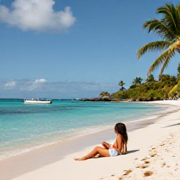 Caribbean Holidays, Luxury Holidays, Couple relaxing on a quiet white-sand beach beside clear turquoise water in Saint Barth&eacute;lemy, with palm trees and a small boat offshore