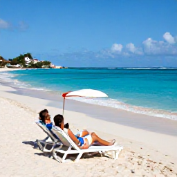 Caribbean Holidays, Luxury Holidays, Couple relaxing on a quiet white sand beach in Orient Bay, Saint Martin, turquoise water, shaded sun loungers and gentle Caribbean waves