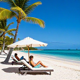 Caribbean Holidays, Luxury Holidays, Couple relaxing on a secluded Guadeloupe beach with turquoise water, elegant sun loungers and palm trees