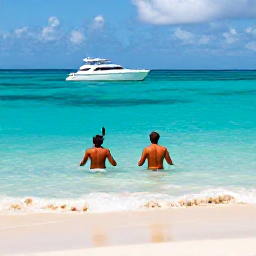 Caribbean Holidays, Luxury Holidays, Couple snorkelling in clear turquoise water beside a quiet Cura&ccedil;ao beach, with a luxury boat nearby