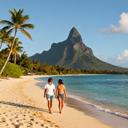 Caribbean Holidays, Luxury Holidays, Couple walking along a quiet golden beach on Nevis with palm trees, calm turquoise water and Nevis Peak in the background