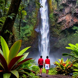 Caribbean Holidays, Luxury Holidays, Couple walking through lush Saint Vincent rainforest towards a waterfall, with tropical plants and volcanic mountains