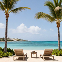 Caribbean Holidays, Luxury Holidays Cura&ccedil;ao, A stylish luxury resort overlooking a calm turquoise Caribbean bay in Cura&ccedil;ao, with elegant sun loungers and palm trees