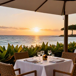Caribbean Holidays, Luxury Holidays Cura&ccedil;ao, Elegant outdoor restaurant at sunset in Cura&ccedil;ao, with a beautifully set table, tropical foliage and views over the sea