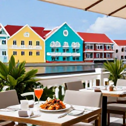 Caribbean Holidays, Luxury Holidays Cura&ccedil;ao, Elegant restaurant terrace in Willemstad, Cura&ccedil;ao, serving fresh seafood and cocktails beside colourful historic buildings