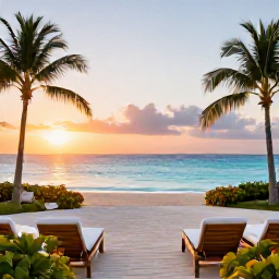 Caribbean Holidays, Luxury Holidays Cura&ccedil;ao, Luxury beachfront resort in Cura&ccedil;ao at sunset, with a calm turquoise sea, elegant loungers and tropical gardens