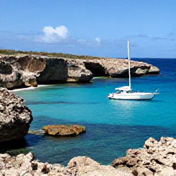 Caribbean Holidays, Luxury Holidays Cura&ccedil;ao, Luxury traveller exploring Cura&ccedil;ao by private boat near a secluded cove, with vivid blue sea and rugged coastline