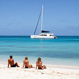 Caribbean Holidays, Luxury Holidays Cura&ccedil;ao, Travellers relaxing on a secluded white-sand beach with clear shallow water and a luxury catamaran offshore in Cura&ccedil;ao