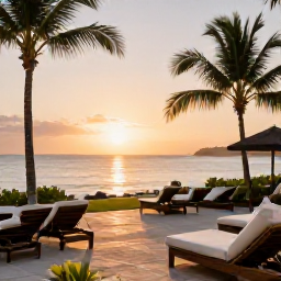 Caribbean Holidays, Luxury Holidays, Elegant beachfront hotel terrace on Nevis at sunset, with comfortable loungers, palm trees and calm Caribbean water