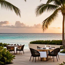 Caribbean Holidays, Luxury Holidays, Elegant beachfront luxury resort in Tobago at sunset, palm trees, calm turquoise sea and stylish outdoor dining