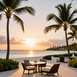 Caribbean Holidays, Luxury Holidays, Elegant beachfront luxury resort in Trinidad and Tobago at sunset, with palm trees, calm turquoise water and stylish outdoor seating