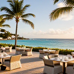 Caribbean Holidays, Luxury Holidays, Elegant beachfront luxury resort on Saint Martin at golden hour, calm turquoise sea, palm trees and stylish outdoor dining