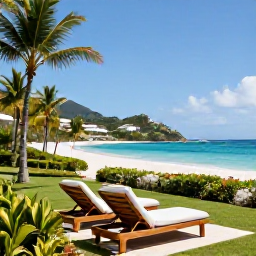 Caribbean Holidays, Luxury Holidays, Elegant beachfront luxury resort on Saint Martin with sun loungers, tropical gardens and calm turquoise sea