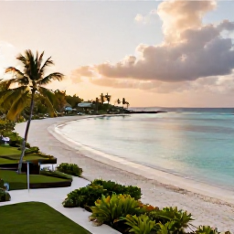 Caribbean Holidays, Luxury Holidays, Elegant beachfront resort in Guadeloupe at sunrise, calm turquoise sea, white sand and tropical gardens