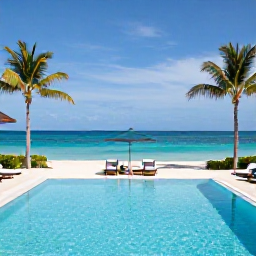 Caribbean Holidays, Luxury Holidays, Elegant beachfront resort pool in The Bahamas with sun loungers, palm trees and calm blue sea