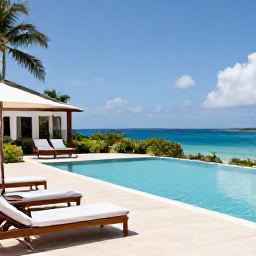 Caribbean Holidays, Luxury Holidays, Elegant beachfront villa with private pool, sun loungers and views across the Caribbean Sea in the Grenadines
