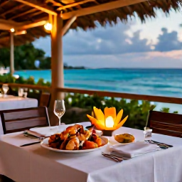 Caribbean Holidays, Luxury Holidays, Elegant Caribbean dinner at an open-air restaurant overlooking the sea, with fresh seafood, tropical fruit and candlelight